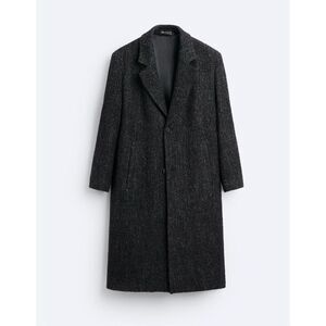 Zara Herringbone Wool Blend Notch Lapel Tweed Fully Lined Long Coat Black Large